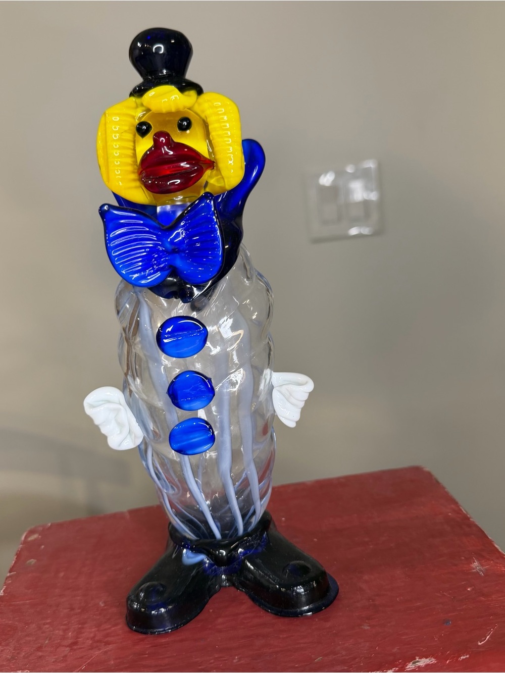 Murano Hand-Blown glass Clown Figurine in Yellow, Blue and Black, 9”